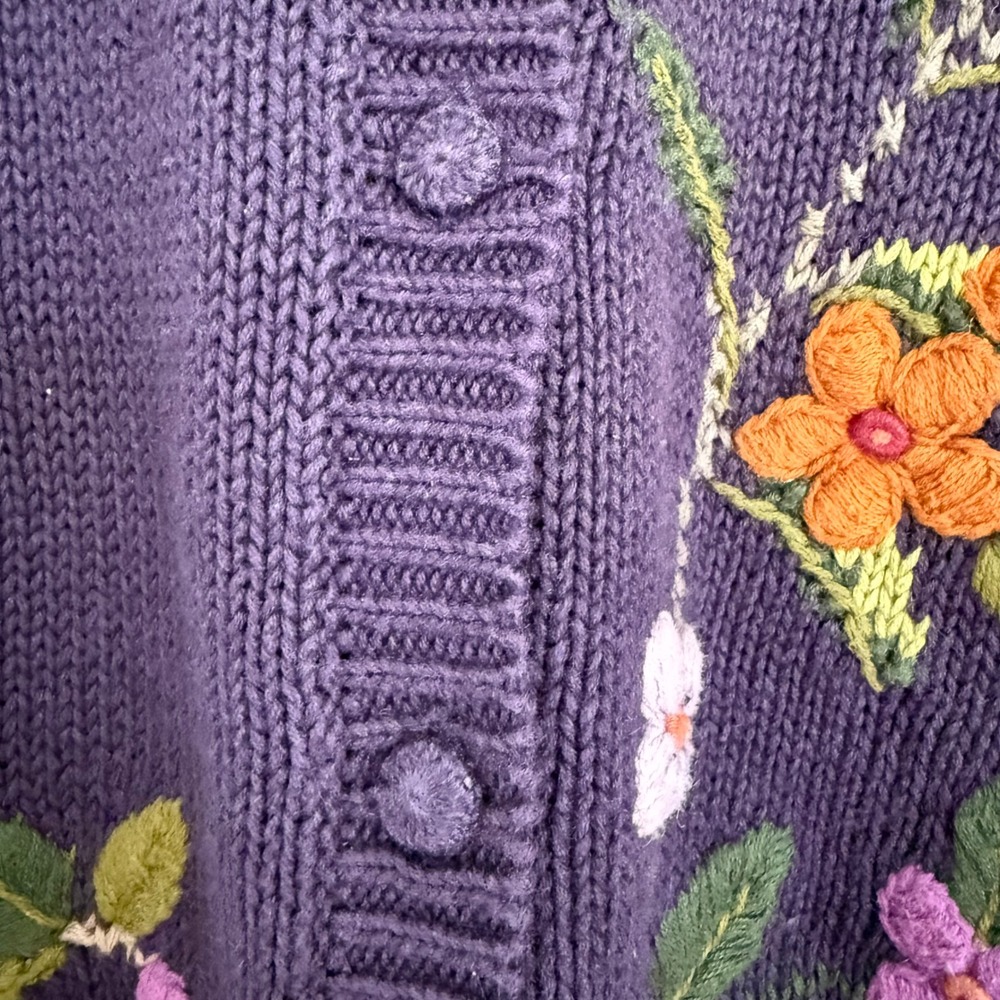 Vintage David Loren Purple Embroidered Floral Cardigan Sweater Large Easter Plum - Picture 6 of 11